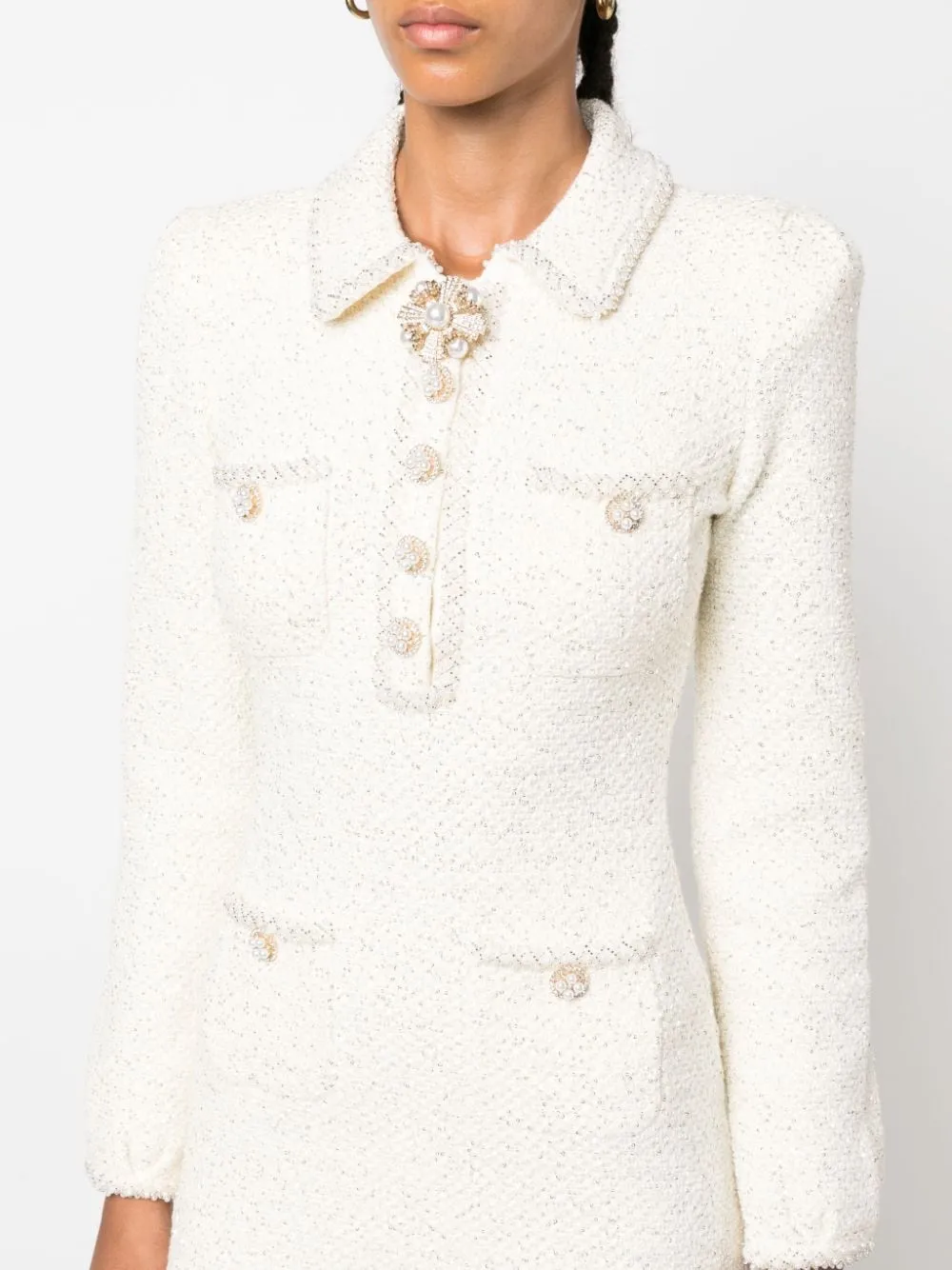 Cream Sequin Knit Pearl Mini Dress