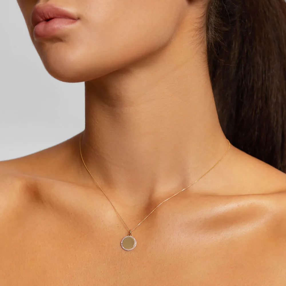 Diamond Engravable Disc Necklace in 10k Gold