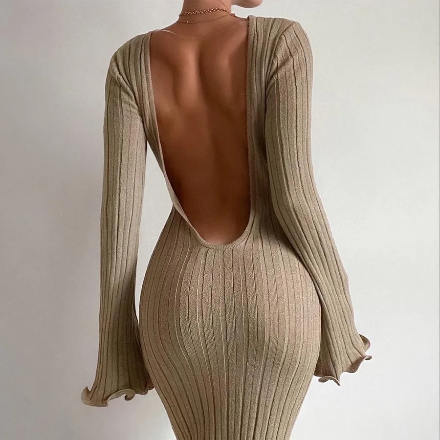 Diva - Fashion Slim Long-sleeved Ruffled Long Dress Sexy Hip-wrapped Back-less Knitted Maxi Dresses.