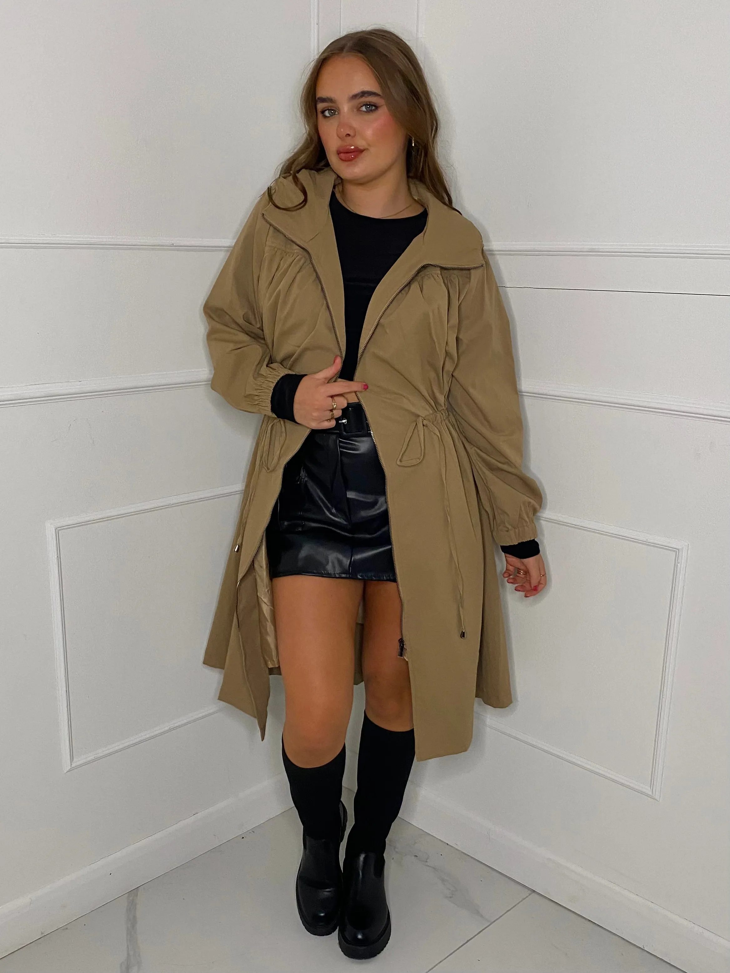 Drawstring Detail Hooded Trench Coat - Tan