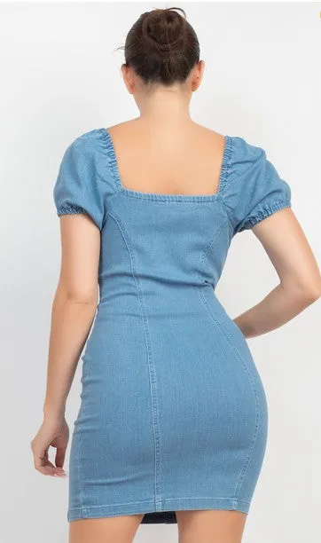 Elasticized Puff Sleeve Denim Dress