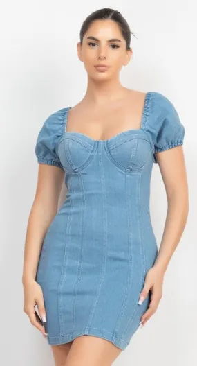 Elasticized Puff Sleeve Denim Dress