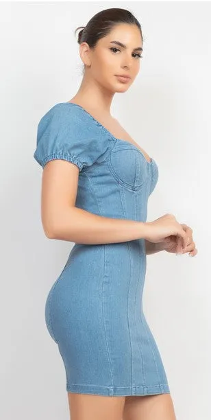 Elasticized Puff Sleeve Denim Dress