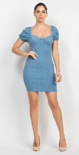 Elasticized Puff Sleeve Denim Dress