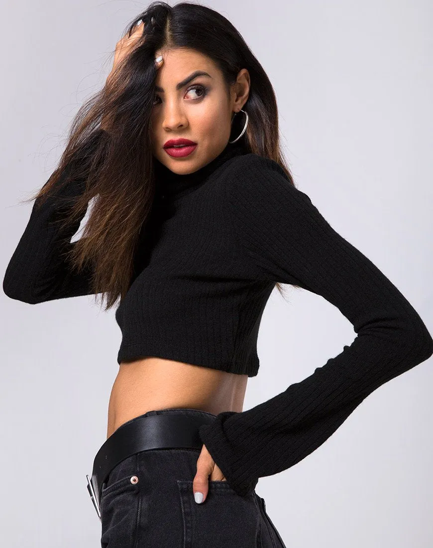 Elena Crop Top in Rib Knit Black