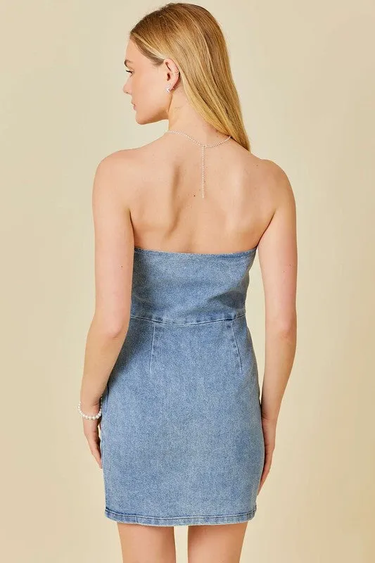 Falling Flower Stone Trim Bodycon Denim Dress