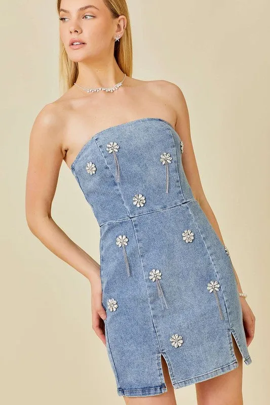 Falling Flower Stone Trim Bodycon Denim Dress