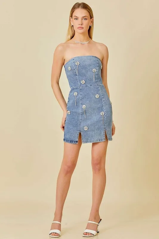 Falling Flower Stone Trim Bodycon Denim Dress