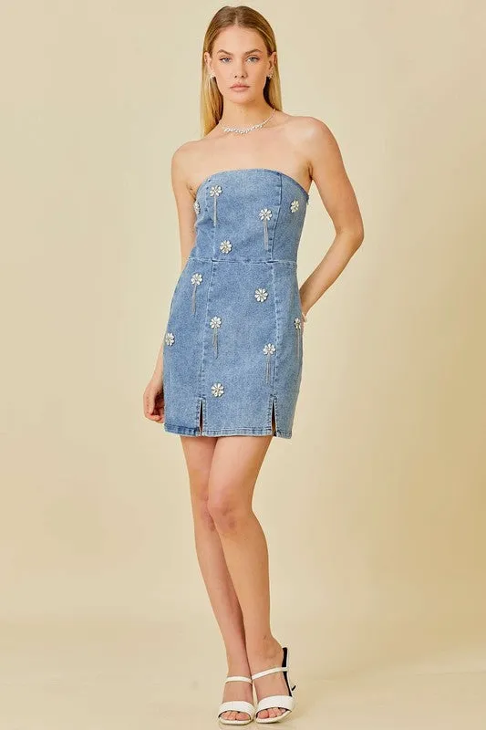 Falling Flower Stone Trim Bodycon Denim Dress