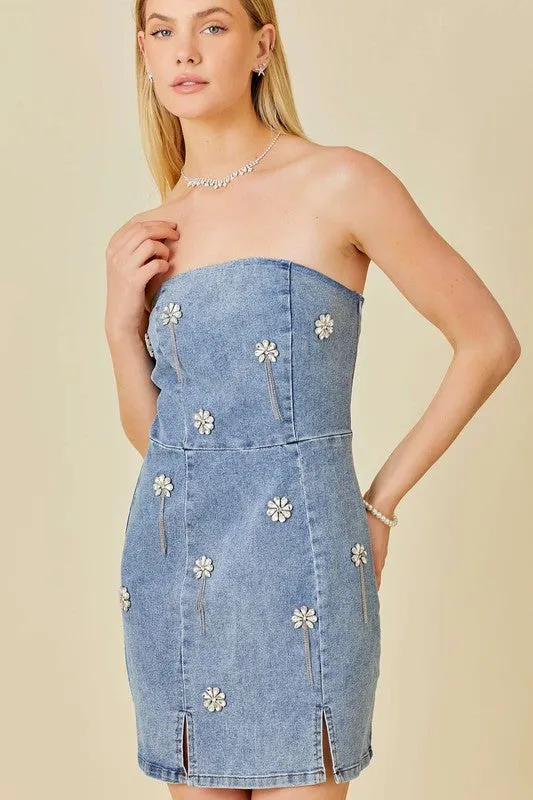 Falling Flower Stone Trim Bodycon Denim Dress