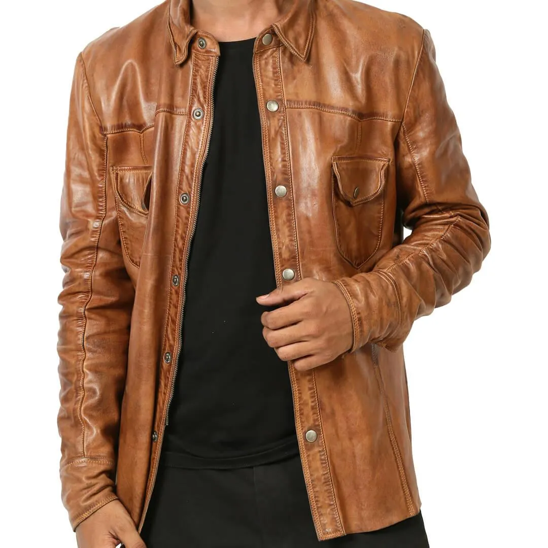 Flap Pockets Leather Jacket Shirt