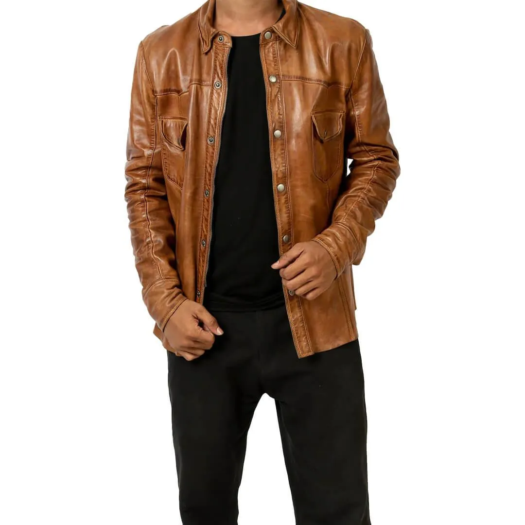 Flap Pockets Leather Jacket Shirt