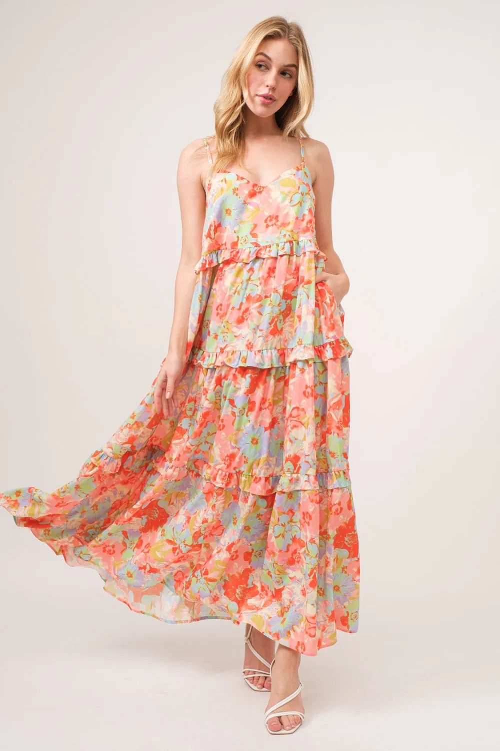 Floral Ruffled Tiered Maxi Adjustable Strap Cami Dress