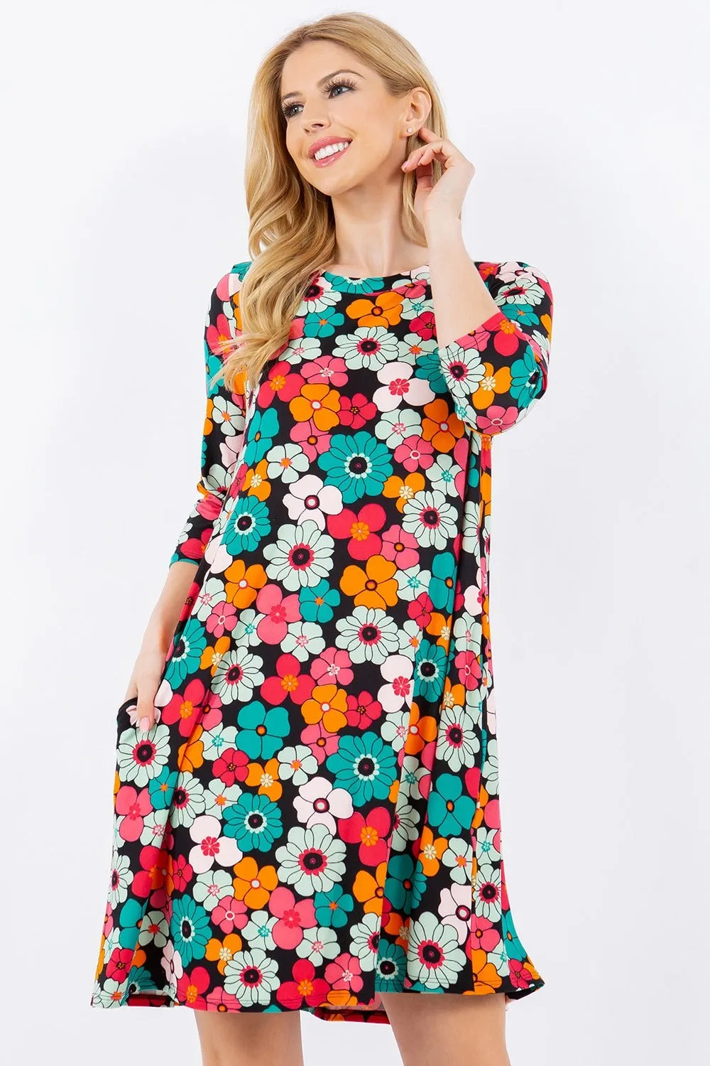 Floral Three-Quarter Sleeve Dress with Pockets