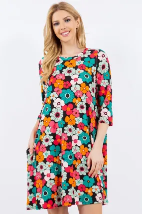 Floral Three-Quarter Sleeve Dress with Pockets