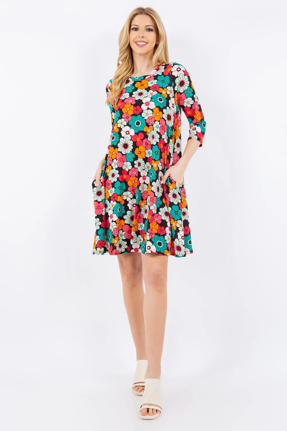 Floral Three-Quarter Sleeve Dress with Pockets