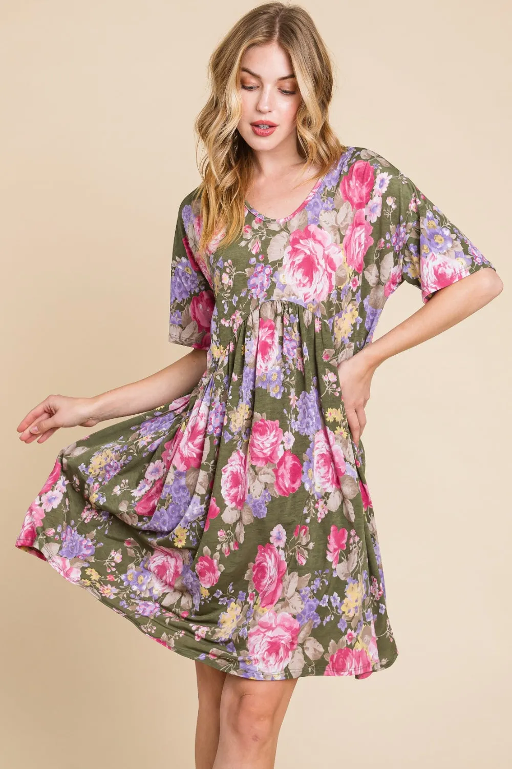 Flower Print V-Neck Ruched Dress