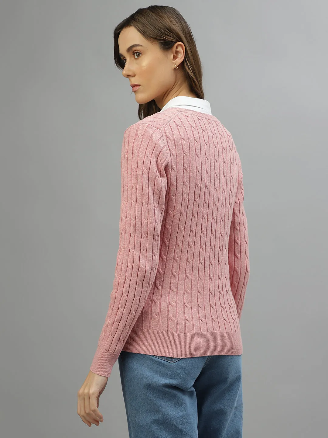 Gant Women Solid V-Neck Full Sleeves Sweater