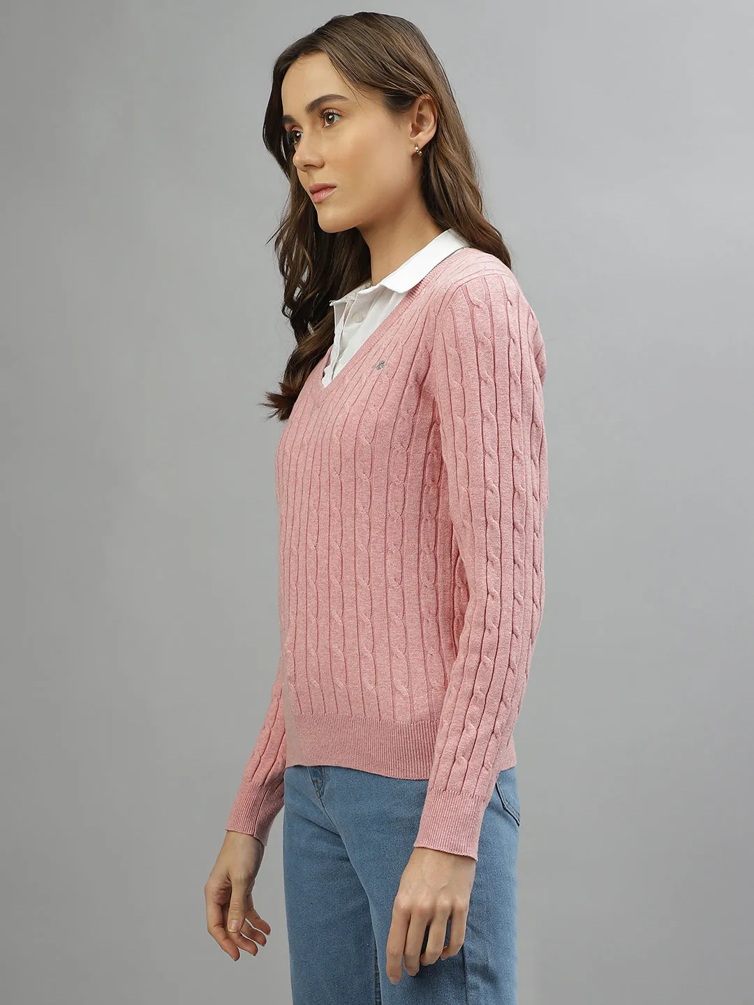 Gant Women Solid V-Neck Full Sleeves Sweater