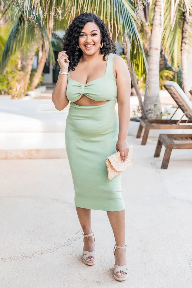 Going In Circles Green Ribbed Cutout Midi Dress FINAL SALE