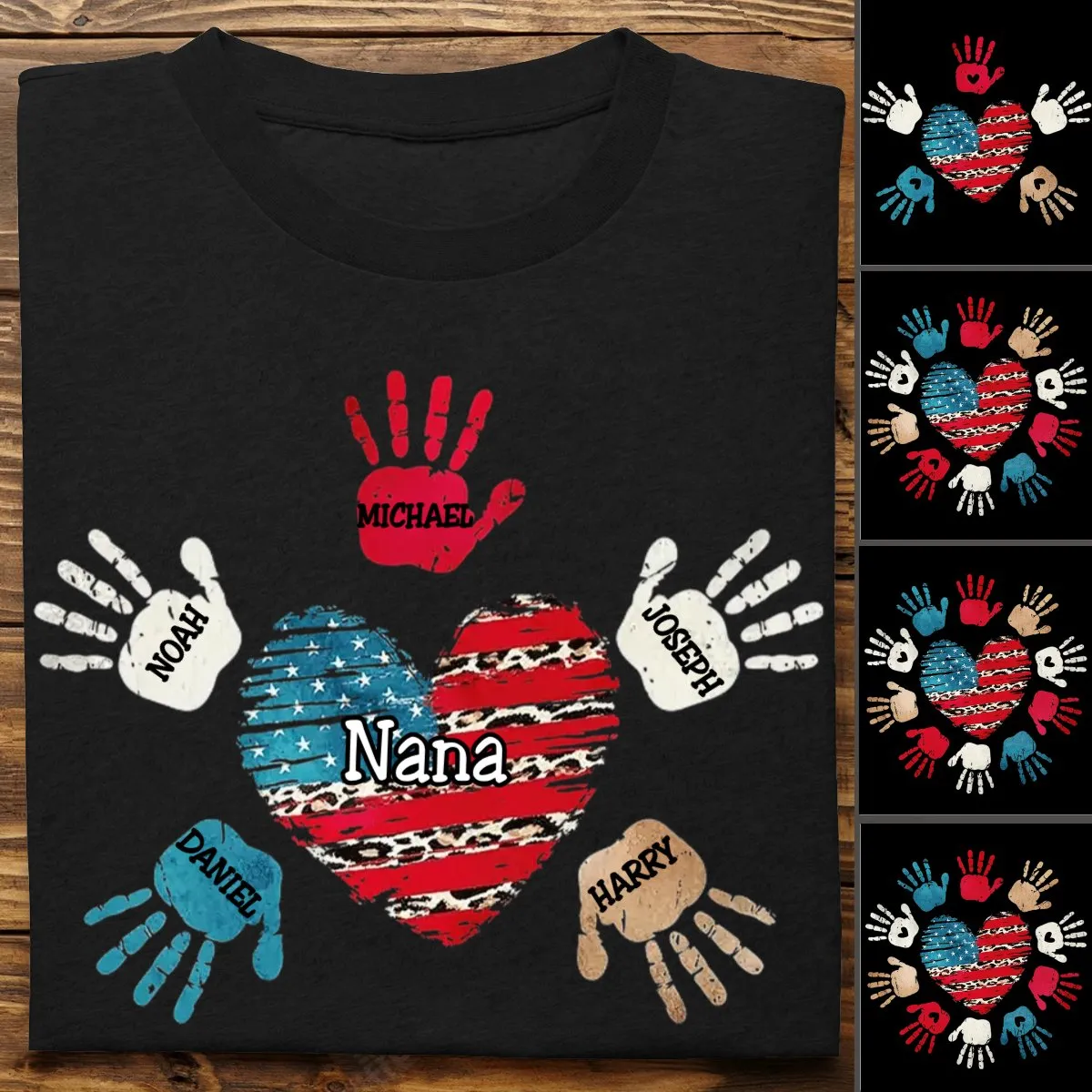 Grandma - 4th of July Leopard Nana Mom Kids Heart Hand To Hand - Personalized T-Shirt