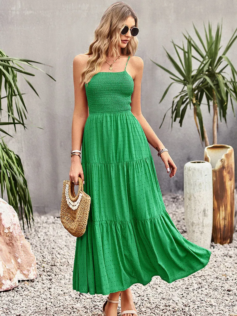 Green Spaghetti Strap Bohemia Holiday Dress For Women