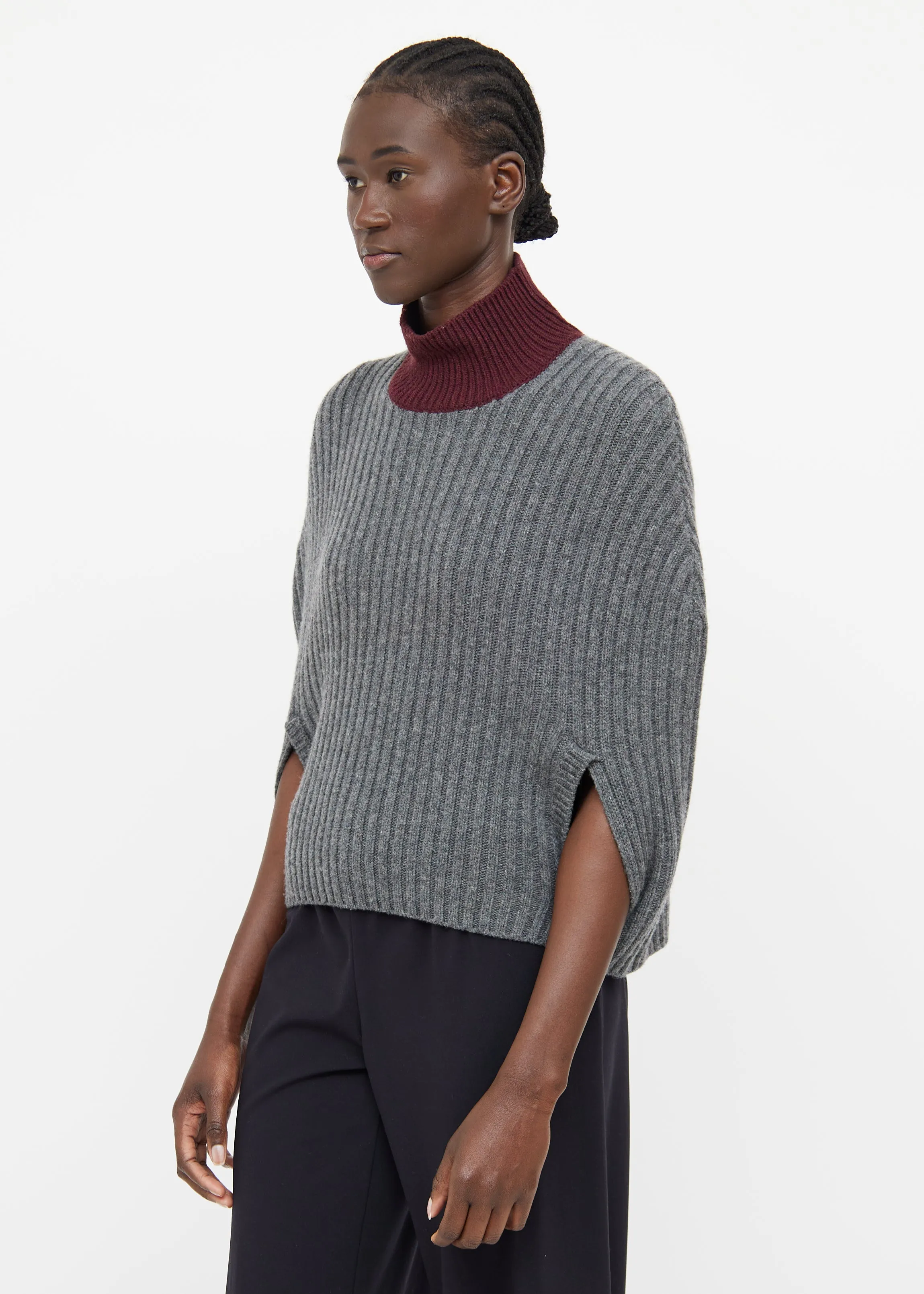 Grey & Burgundy Wool Poncho