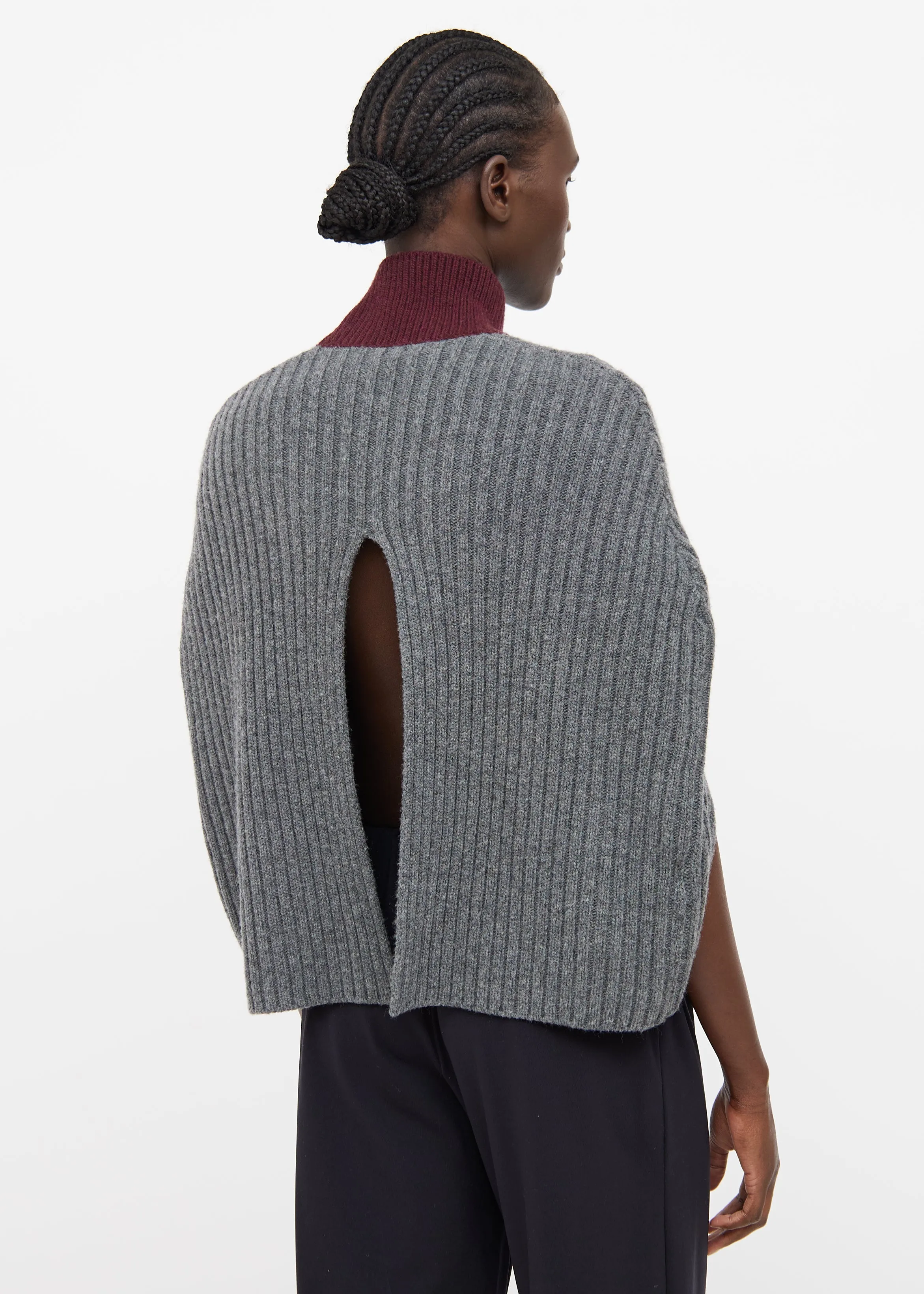 Grey & Burgundy Wool Poncho