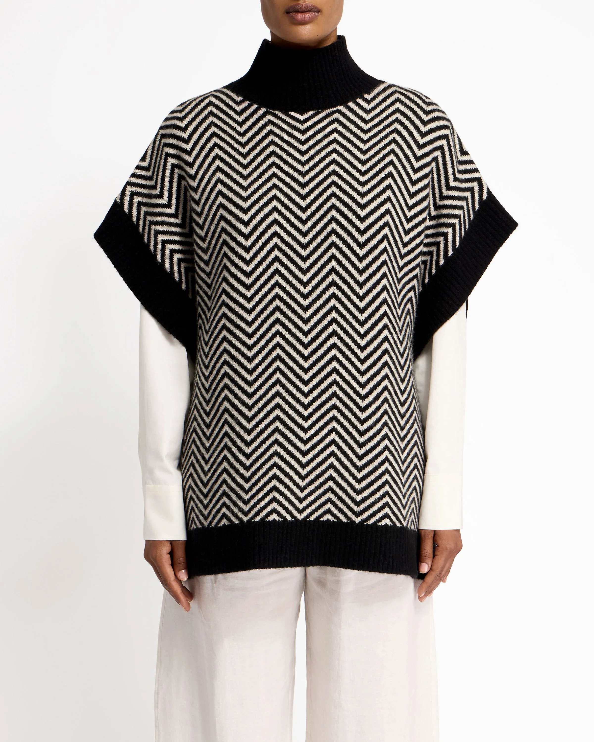 Harris Herringbone Cashmere Blend Poncho - Black/Natural