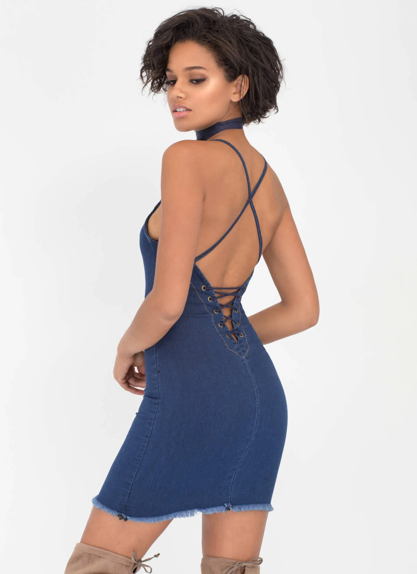 Haute Spot Lace-Back Denim Minidress