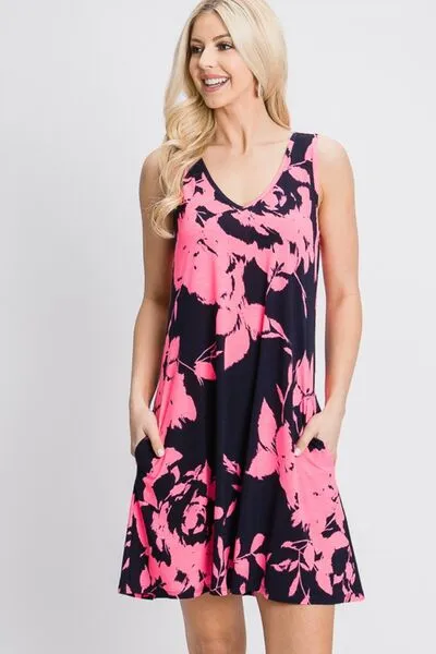 Heimish Floral V-Neck Tank Dress with Pockets