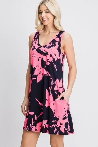 Heimish Floral V-Neck Tank Dress with Pockets