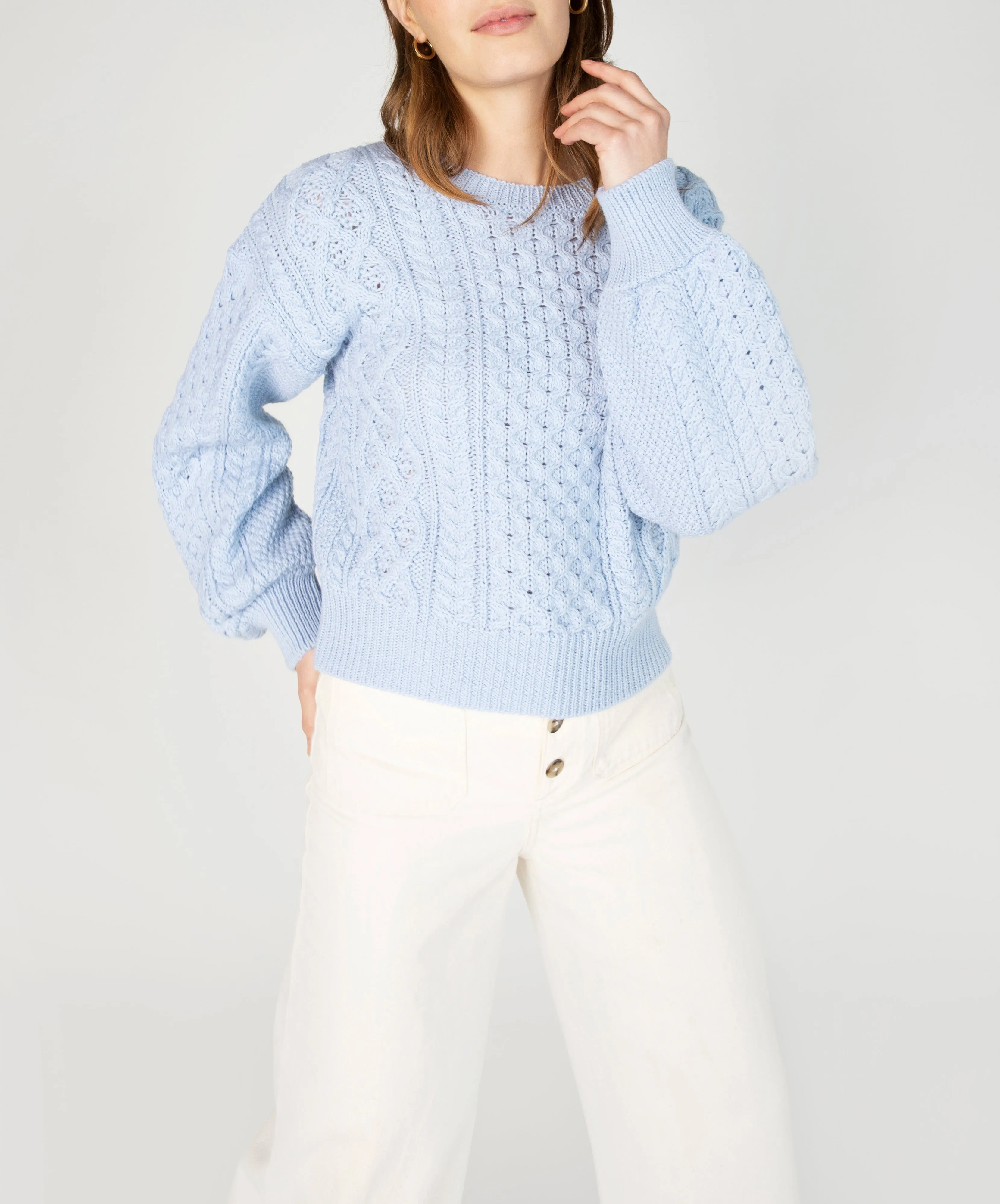 Honeysuckle Cropped Aran Sweater Ice Blue