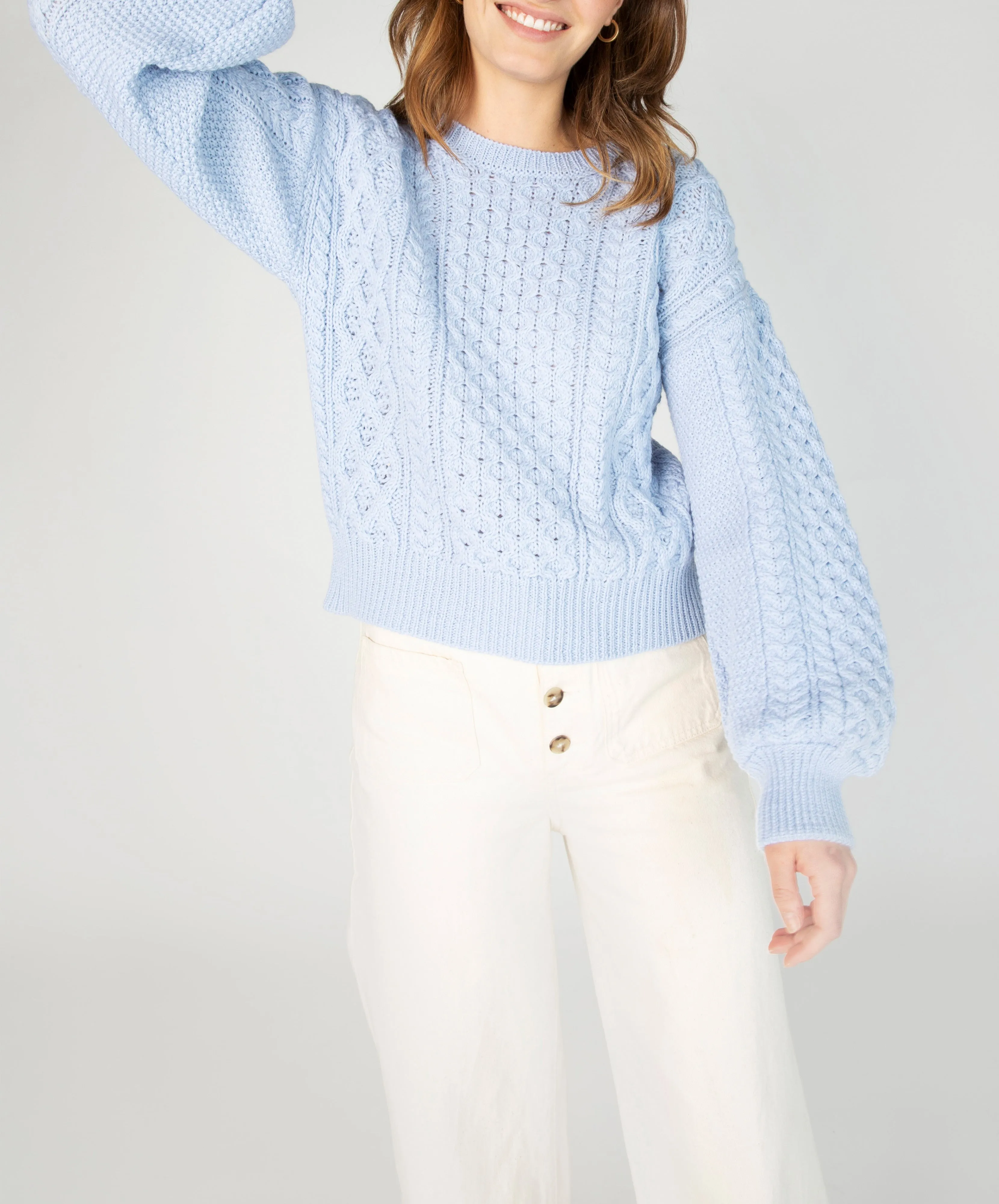 Honeysuckle Cropped Aran Sweater Ice Blue