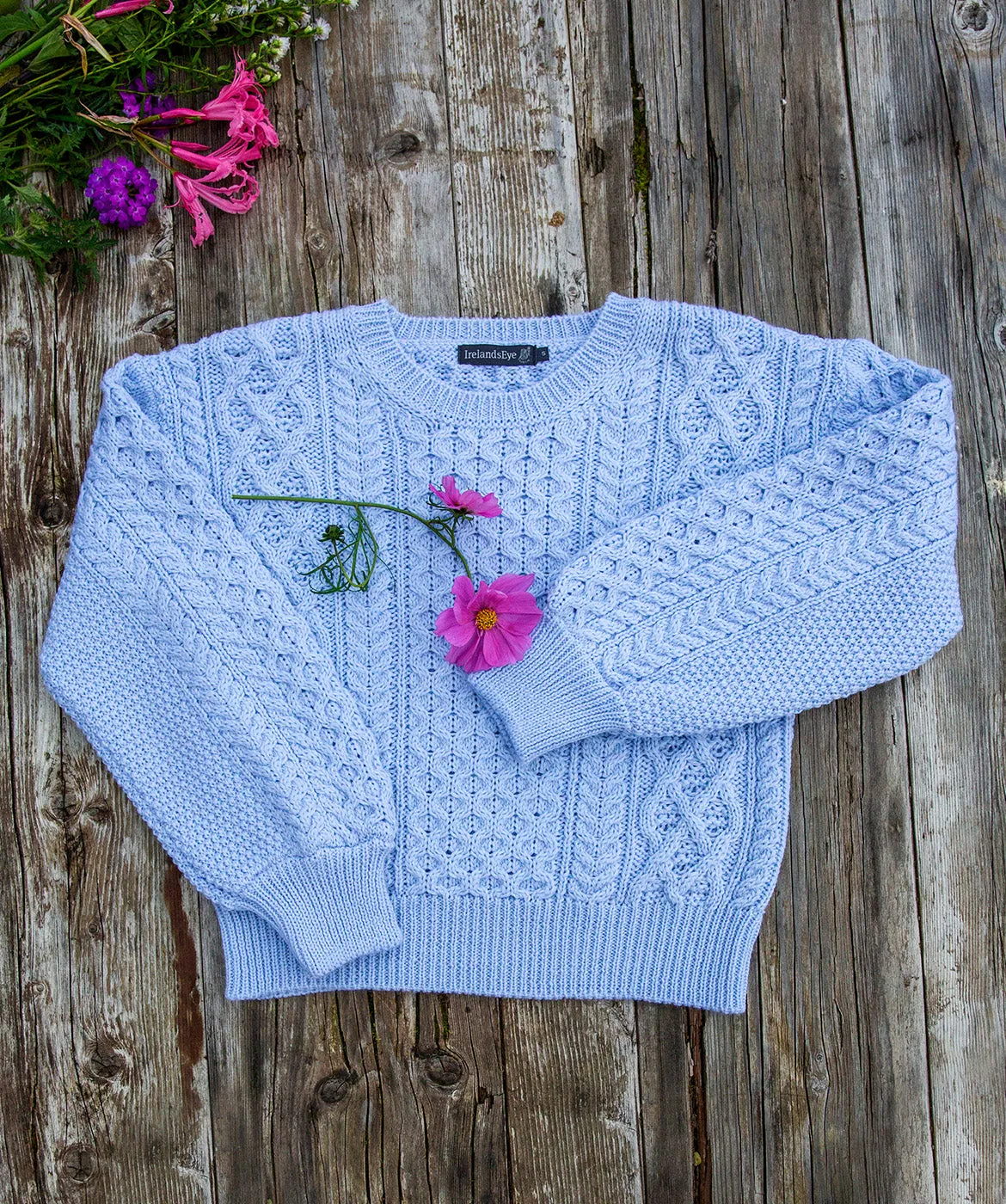 Honeysuckle Cropped Aran Sweater Ice Blue