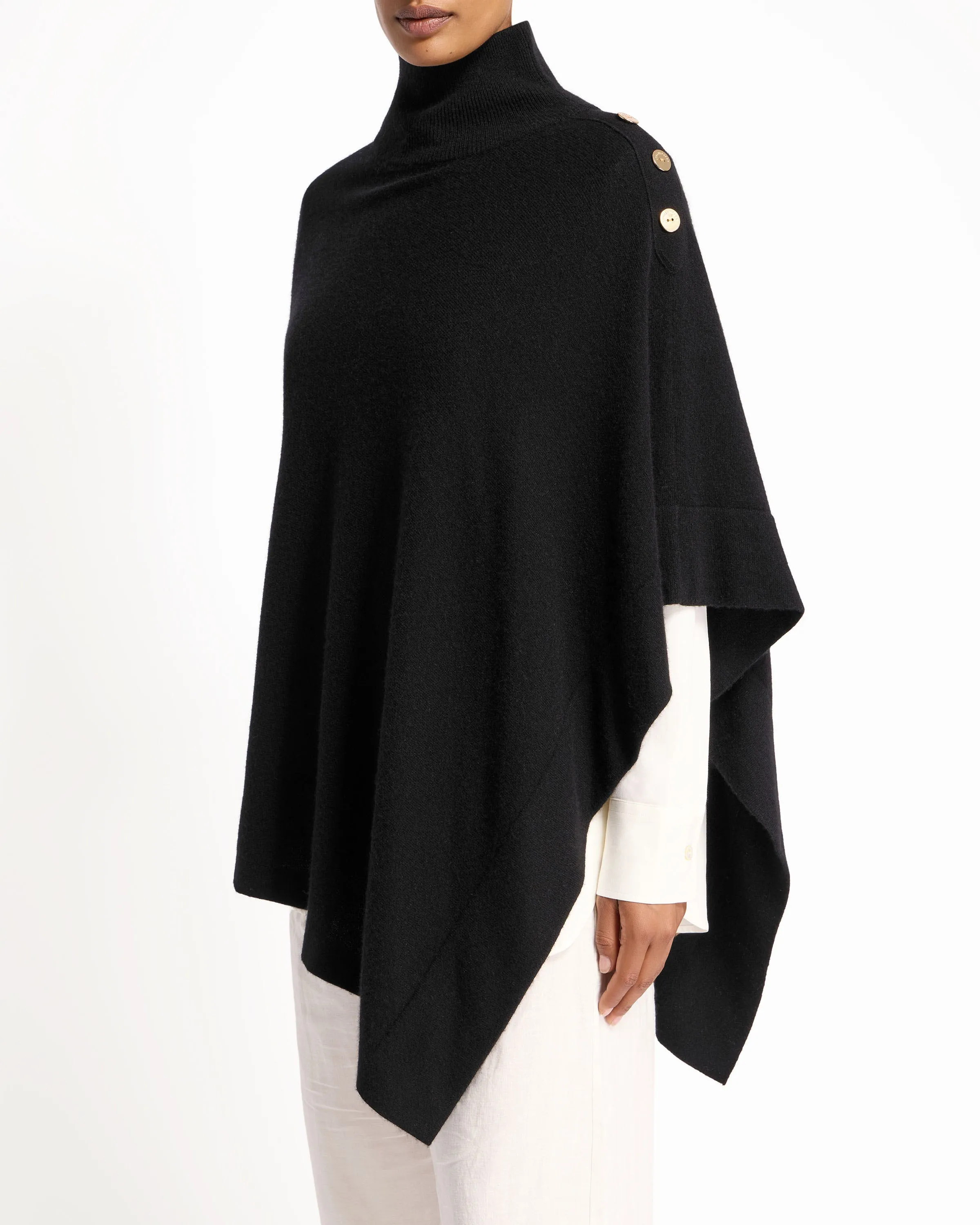 Islay Asymmetric Cashmere Blend Button Poncho - Black