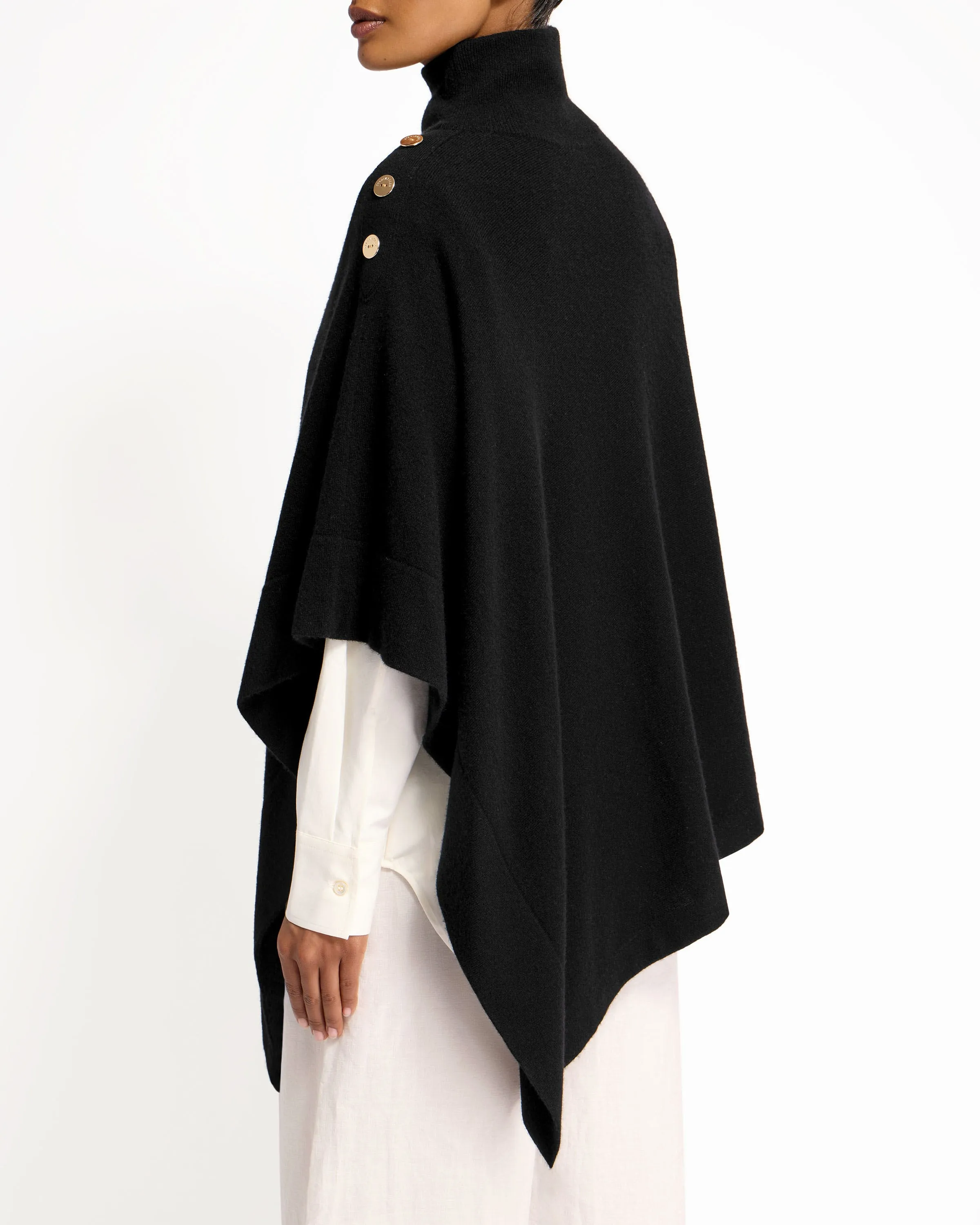 Islay Asymmetric Cashmere Blend Button Poncho - Black