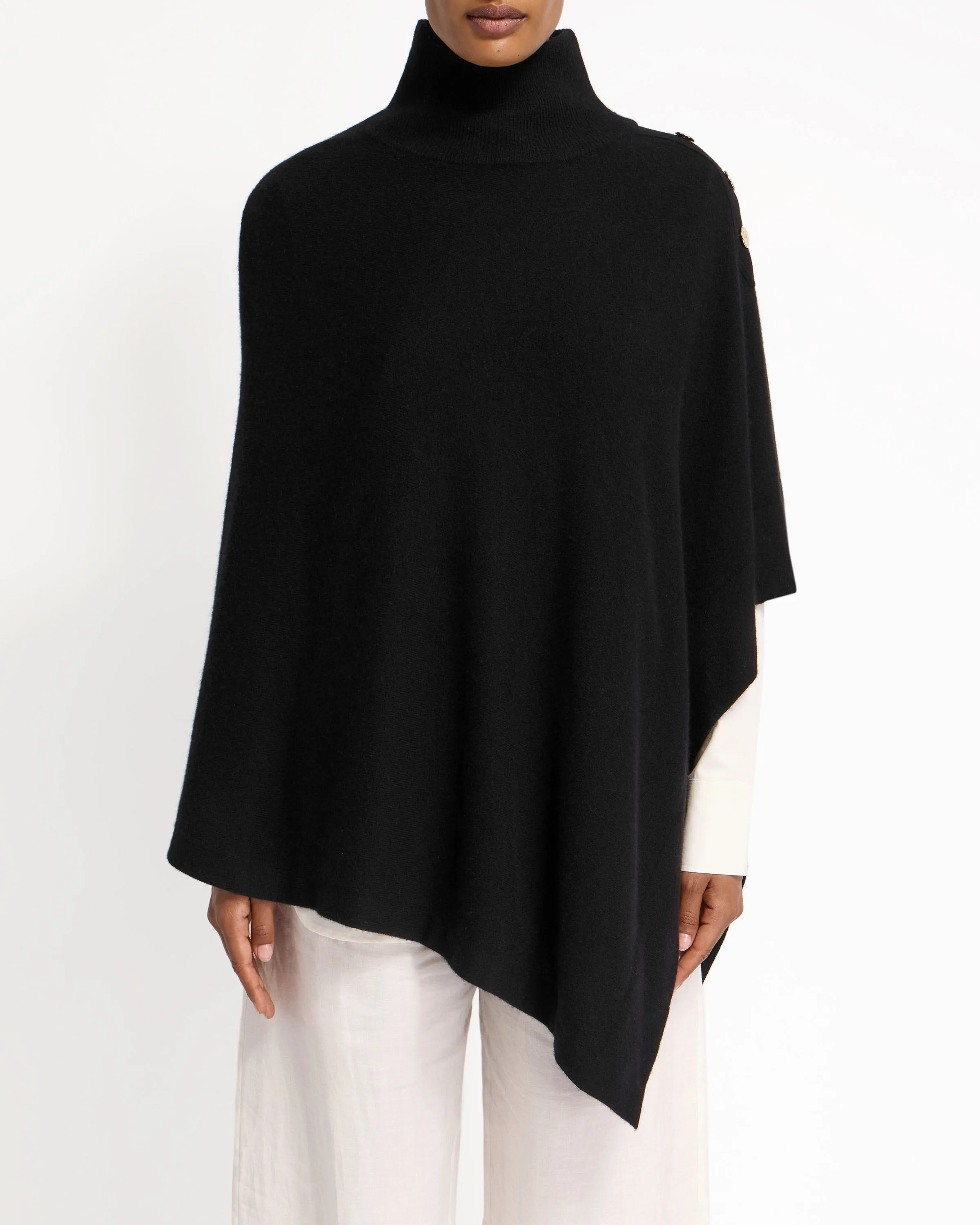 Islay Asymmetric Cashmere Blend Button Poncho - Black