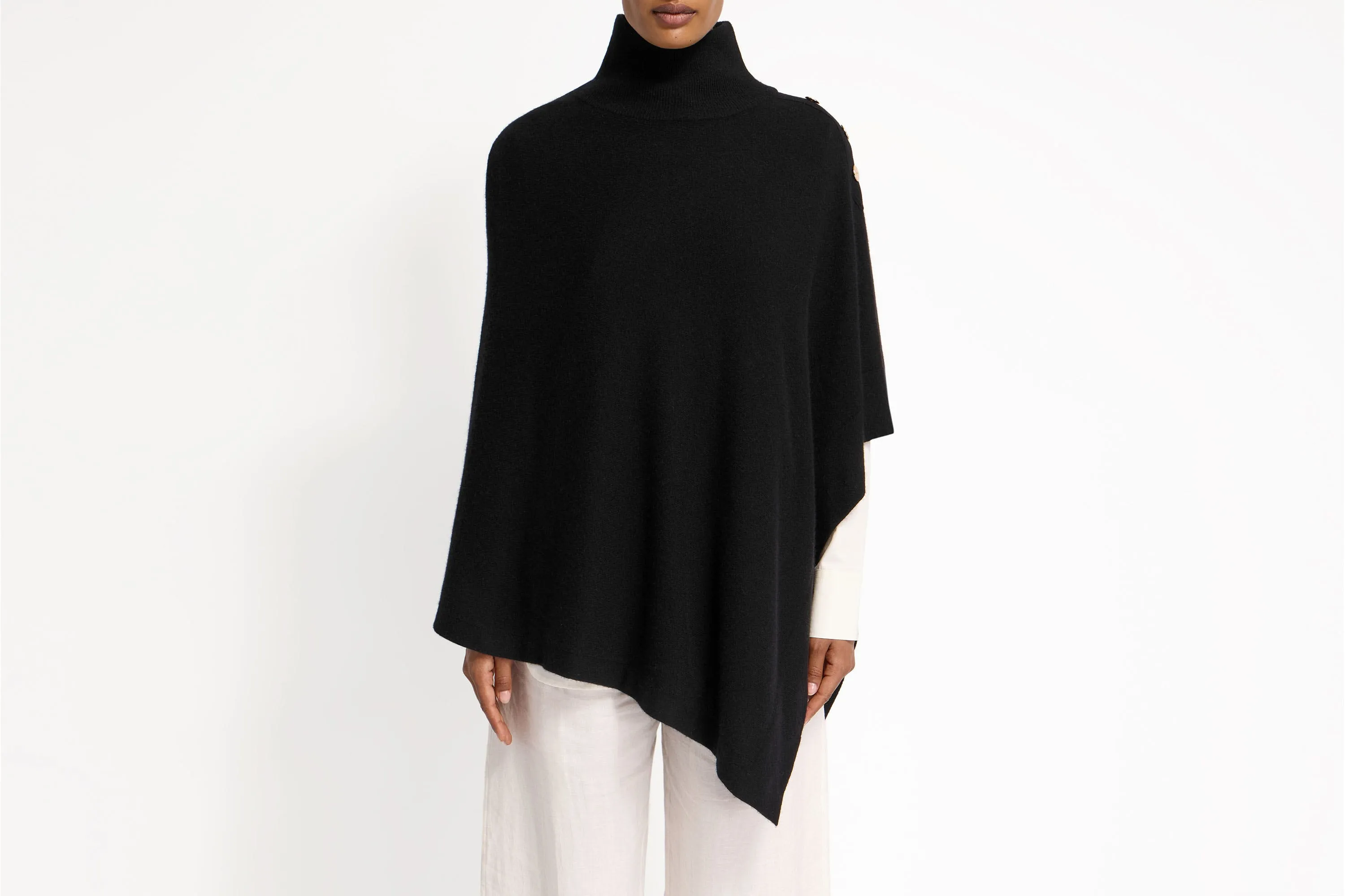 Islay Asymmetric Cashmere Blend Button Poncho - Black