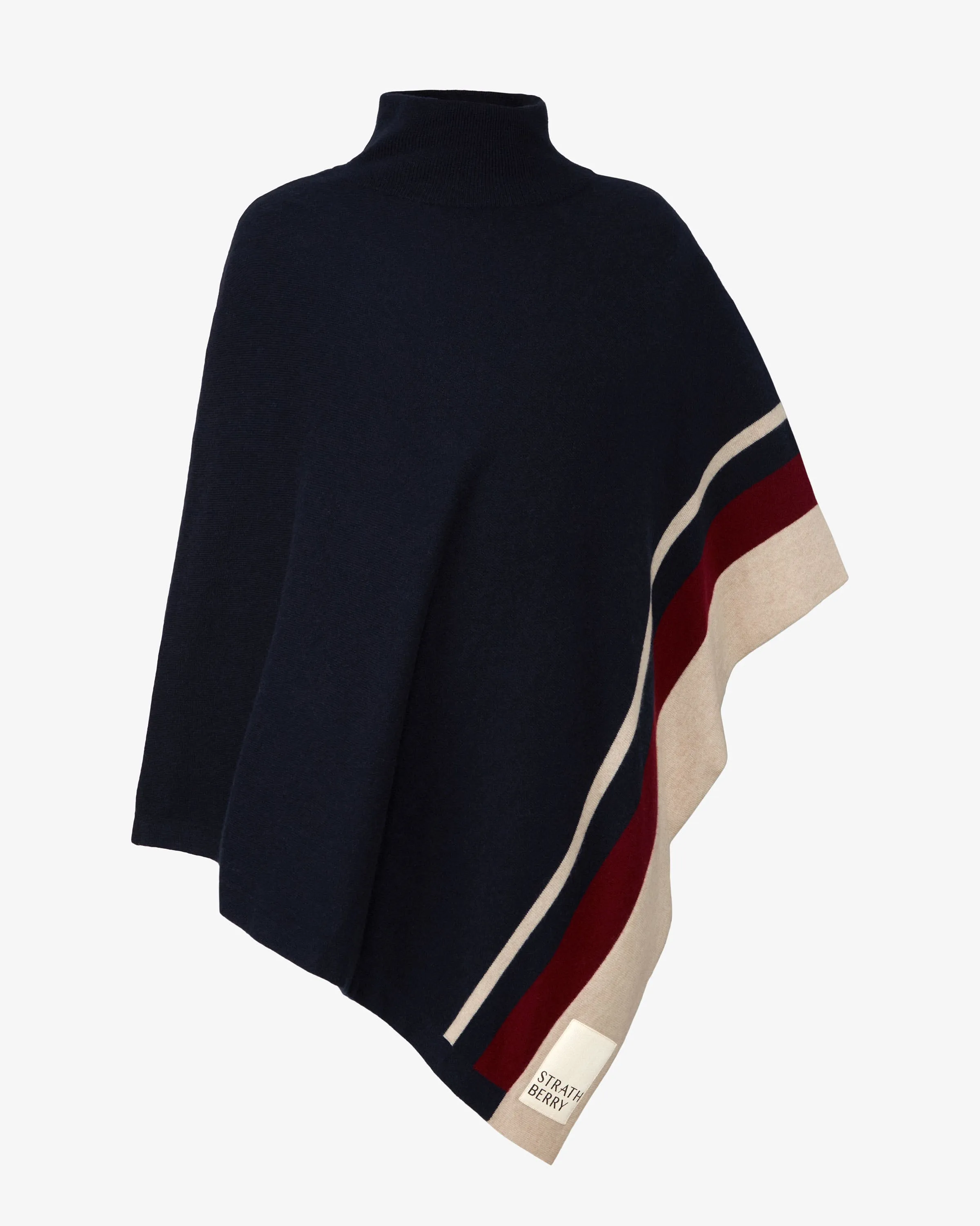 Islay Asymmetric Pure Cashmere Poncho - Striped Navy/Burgundy/Wheat