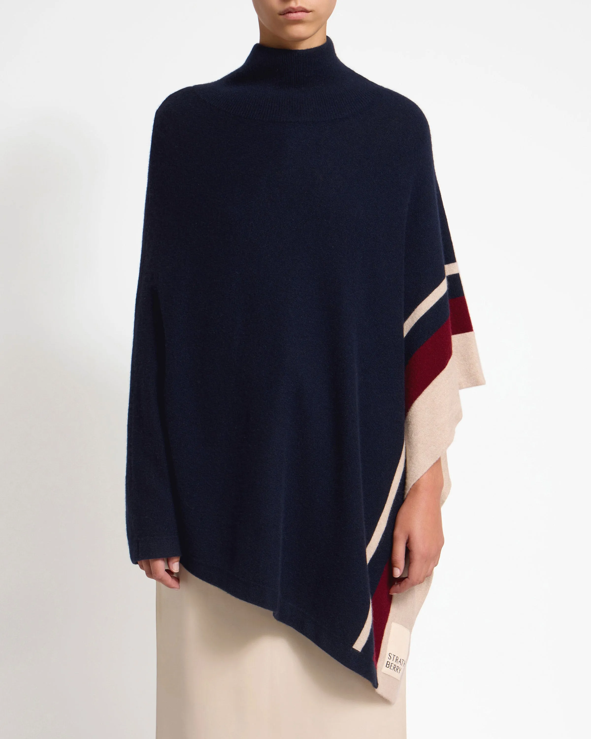 Islay Asymmetric Pure Cashmere Poncho - Striped Navy/Burgundy/Wheat