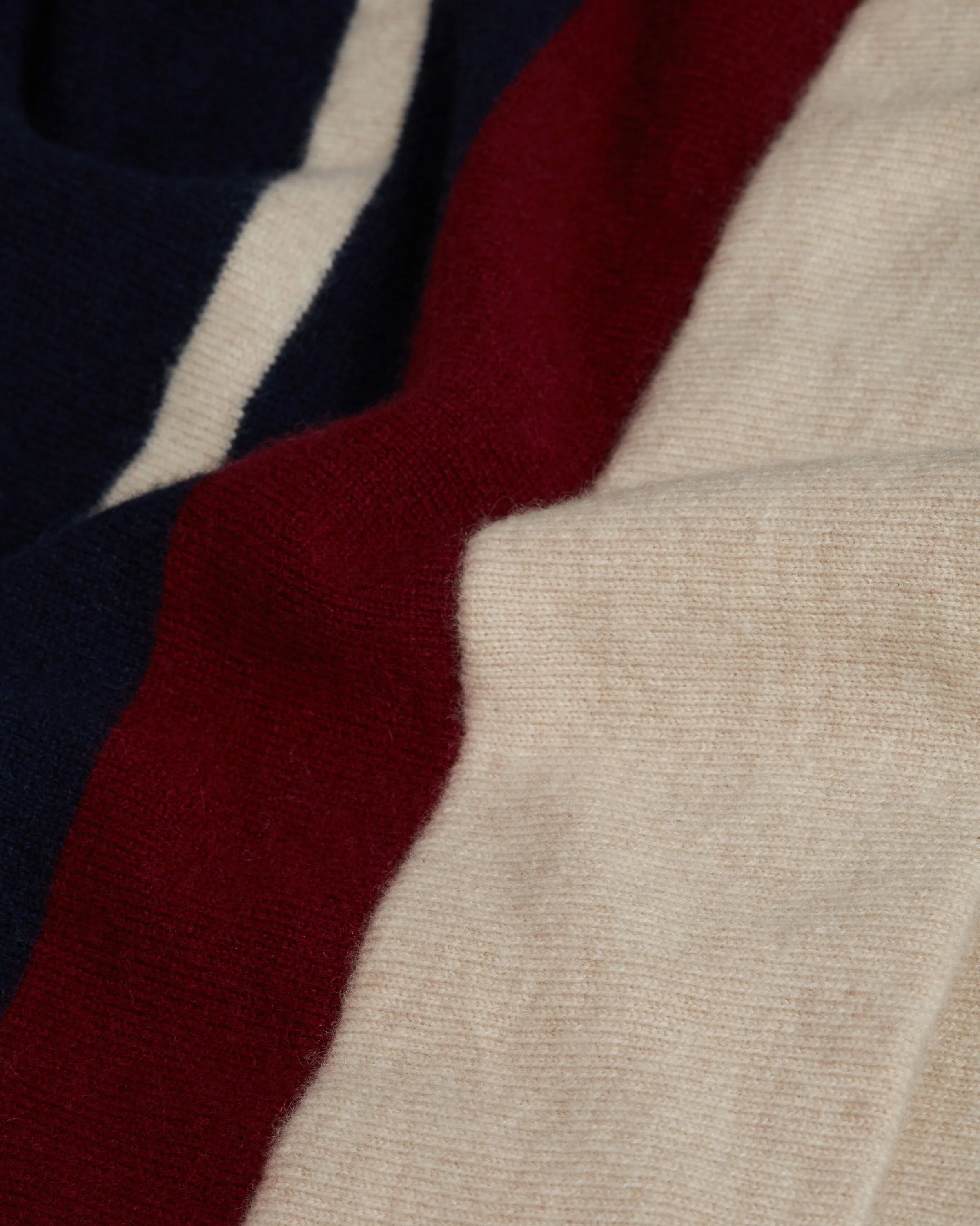 Islay Asymmetric Pure Cashmere Poncho - Striped Navy/Burgundy/Wheat