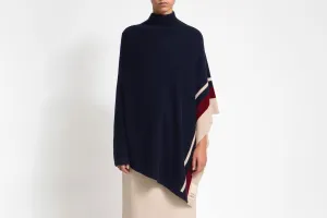 Islay Asymmetric Pure Cashmere Poncho - Striped Navy/Burgundy/Wheat