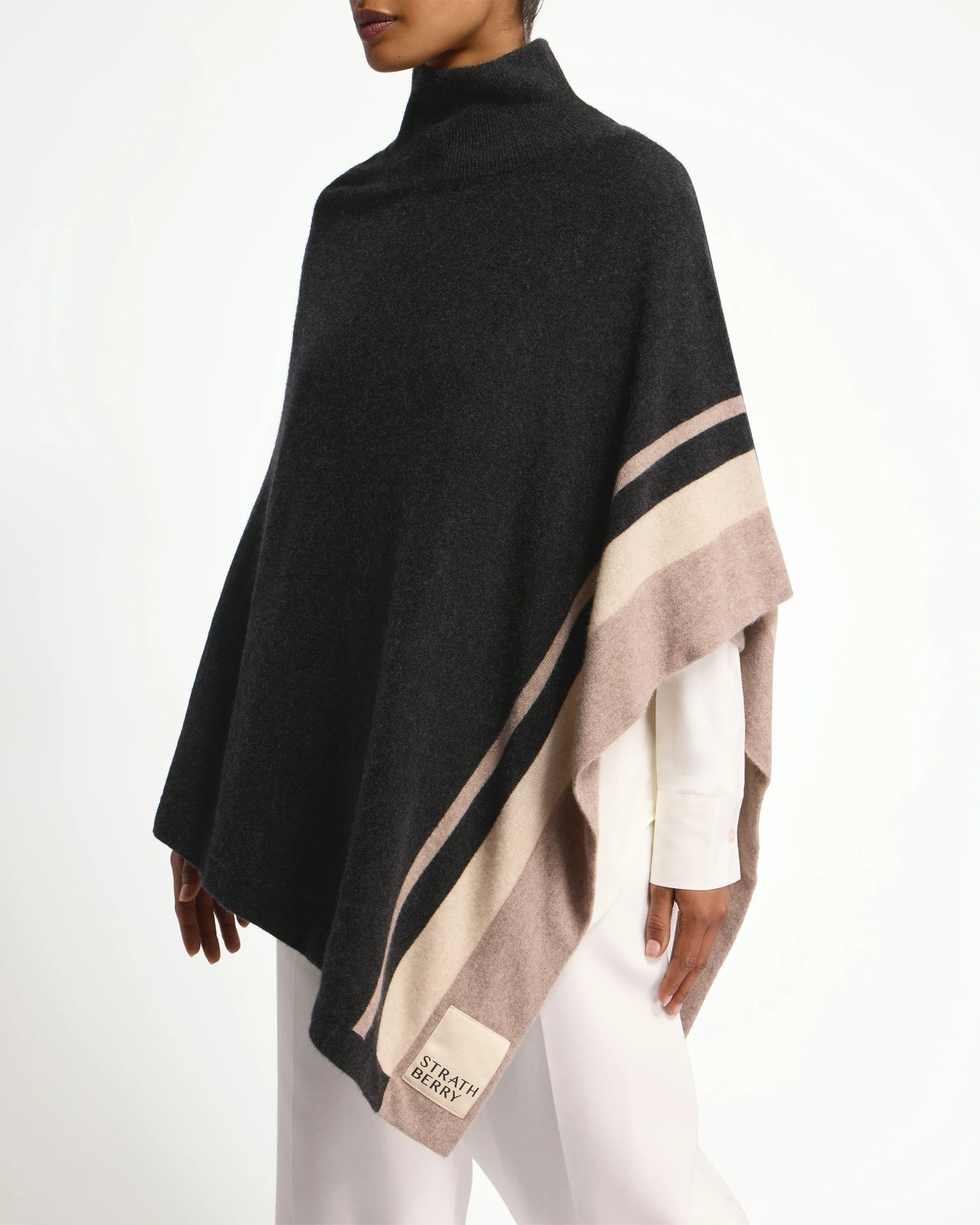 Islay Asymmetric Striped Pure Cashmere Poncho - Charcoal/Toast/Wheat