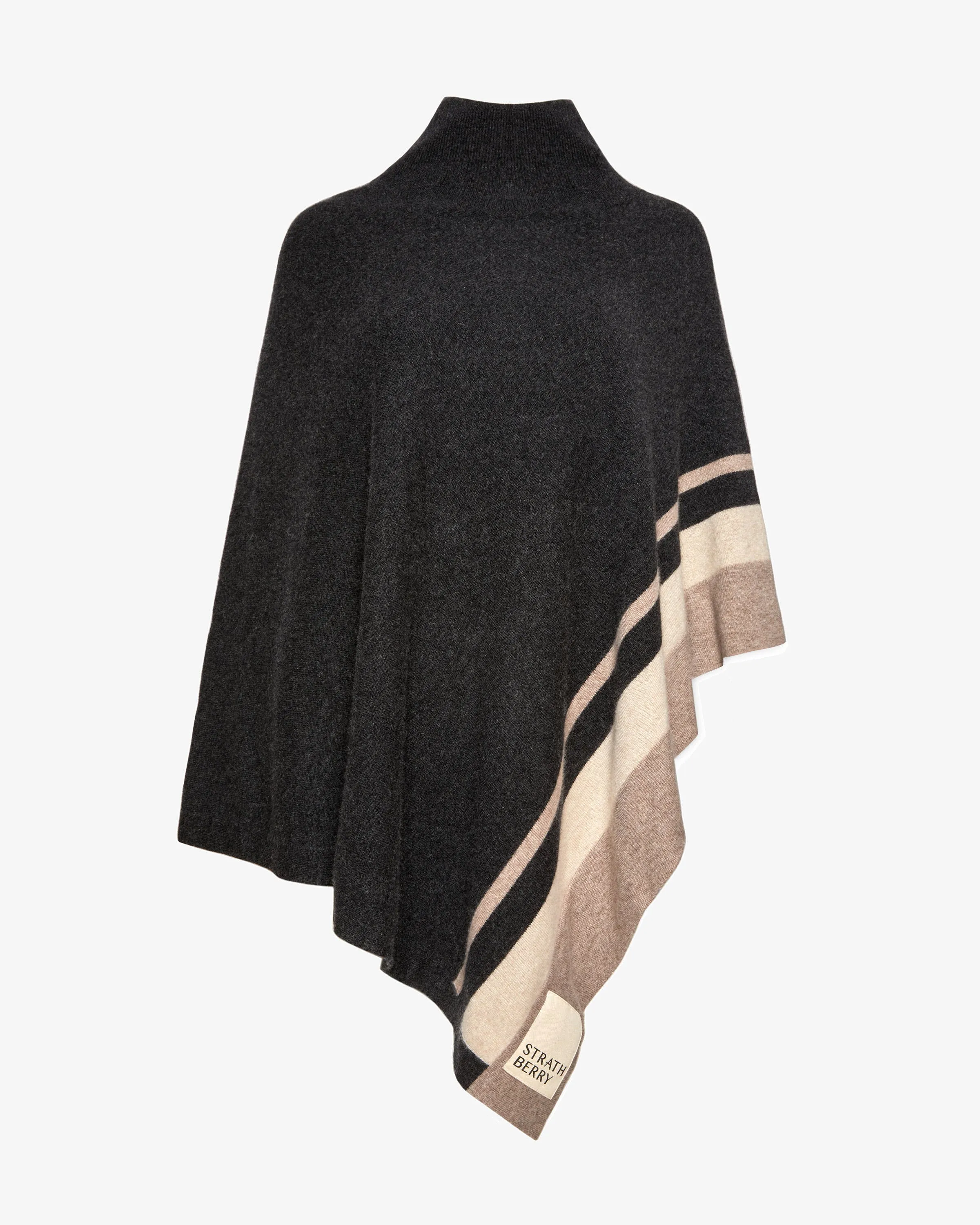 Islay Asymmetric Striped Pure Cashmere Poncho - Charcoal/Toast/Wheat