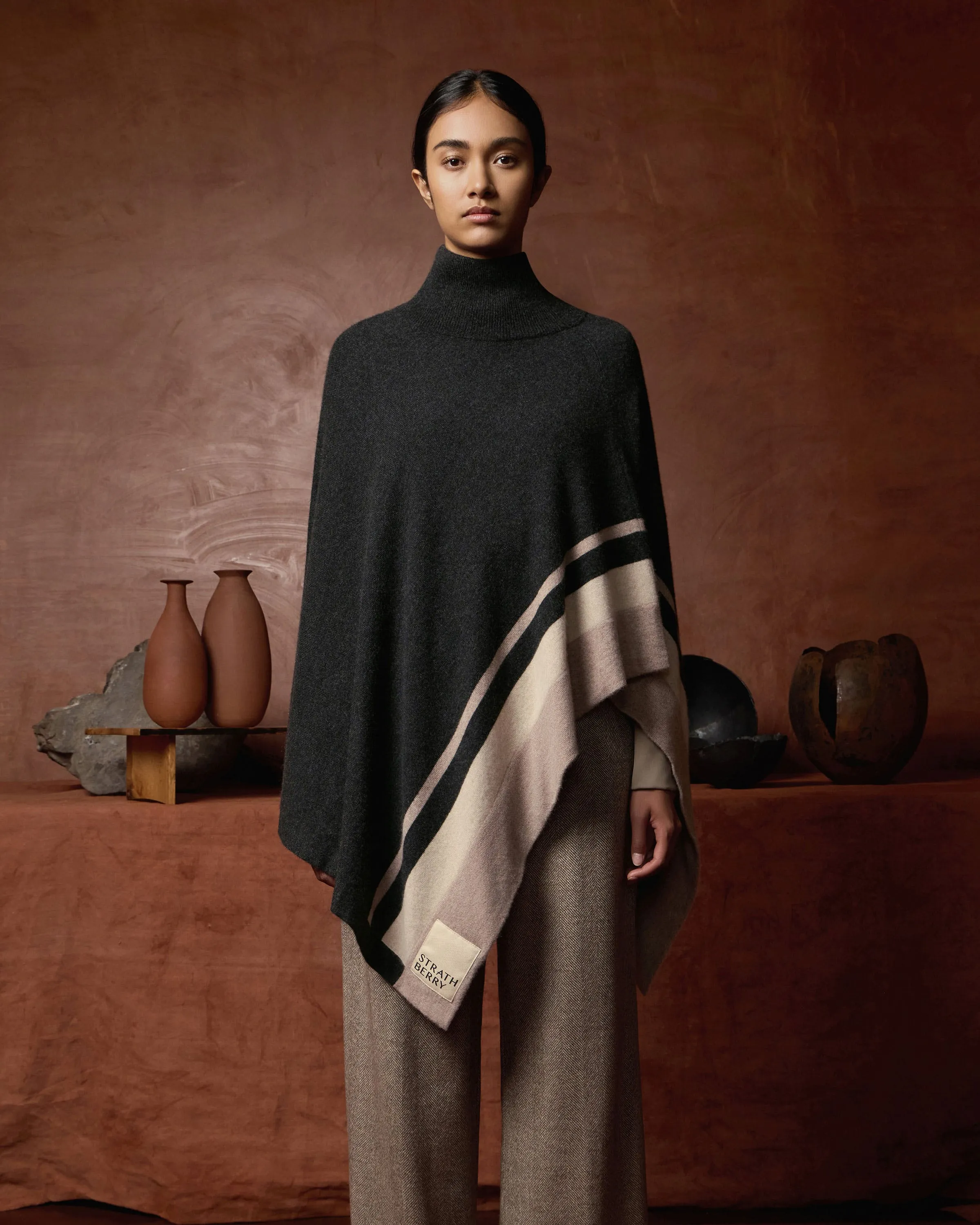 Islay Asymmetric Striped Pure Cashmere Poncho - Charcoal/Toast/Wheat