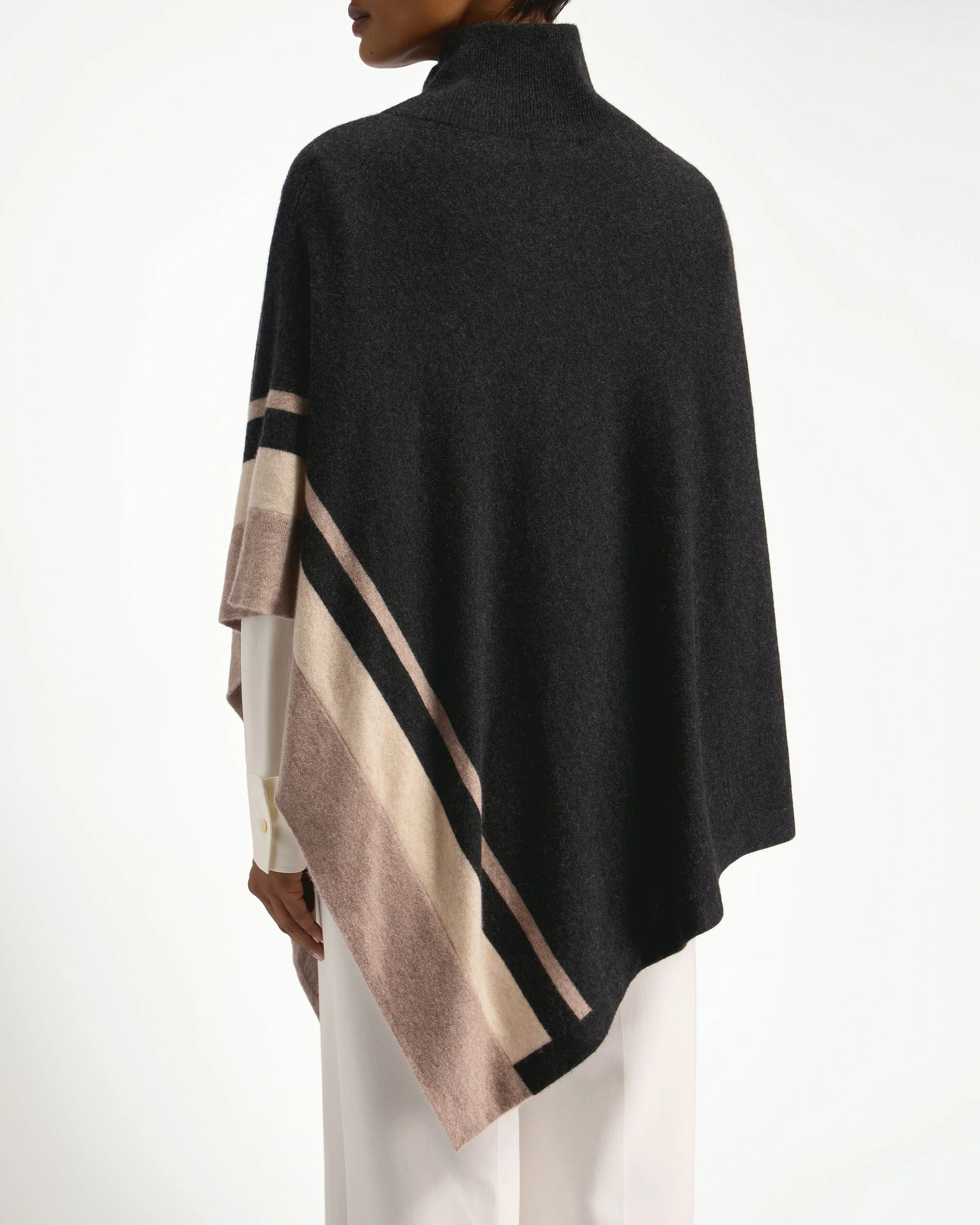 Islay Asymmetric Striped Pure Cashmere Poncho - Charcoal/Toast/Wheat