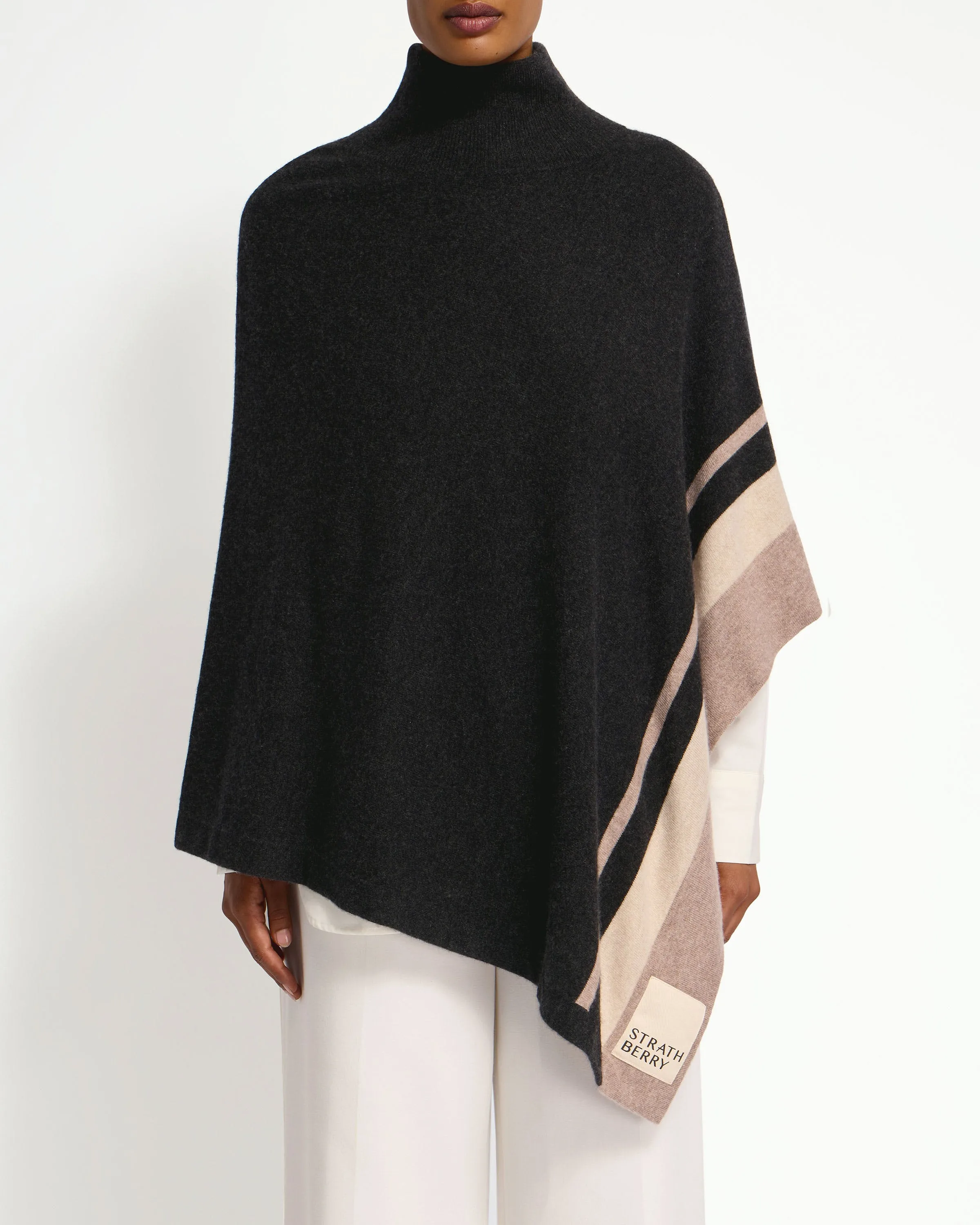 Islay Asymmetric Striped Pure Cashmere Poncho - Charcoal/Toast/Wheat