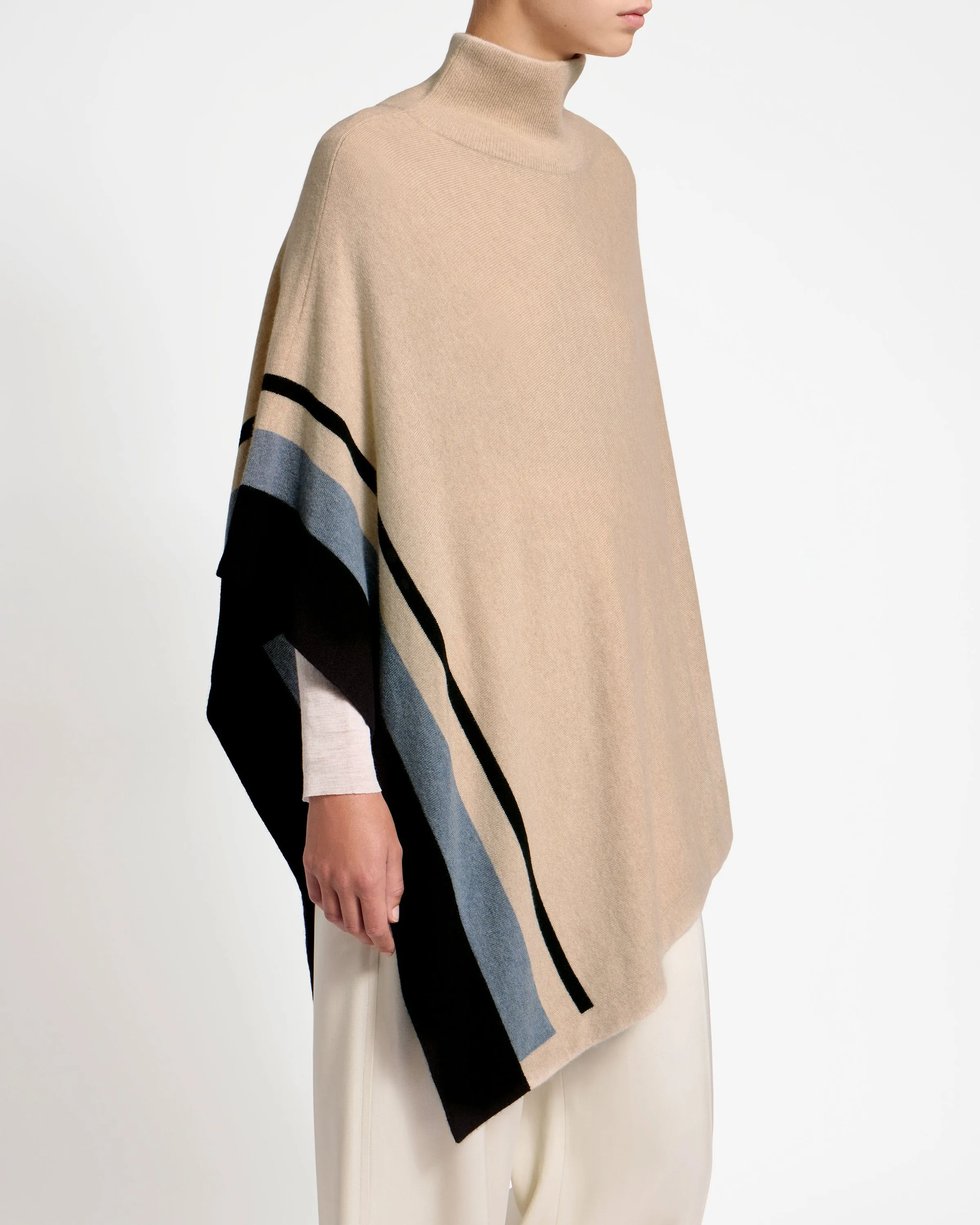 Islay Asymmetric Striped Pure Cashmere Poncho - Wheat/Black/Blue