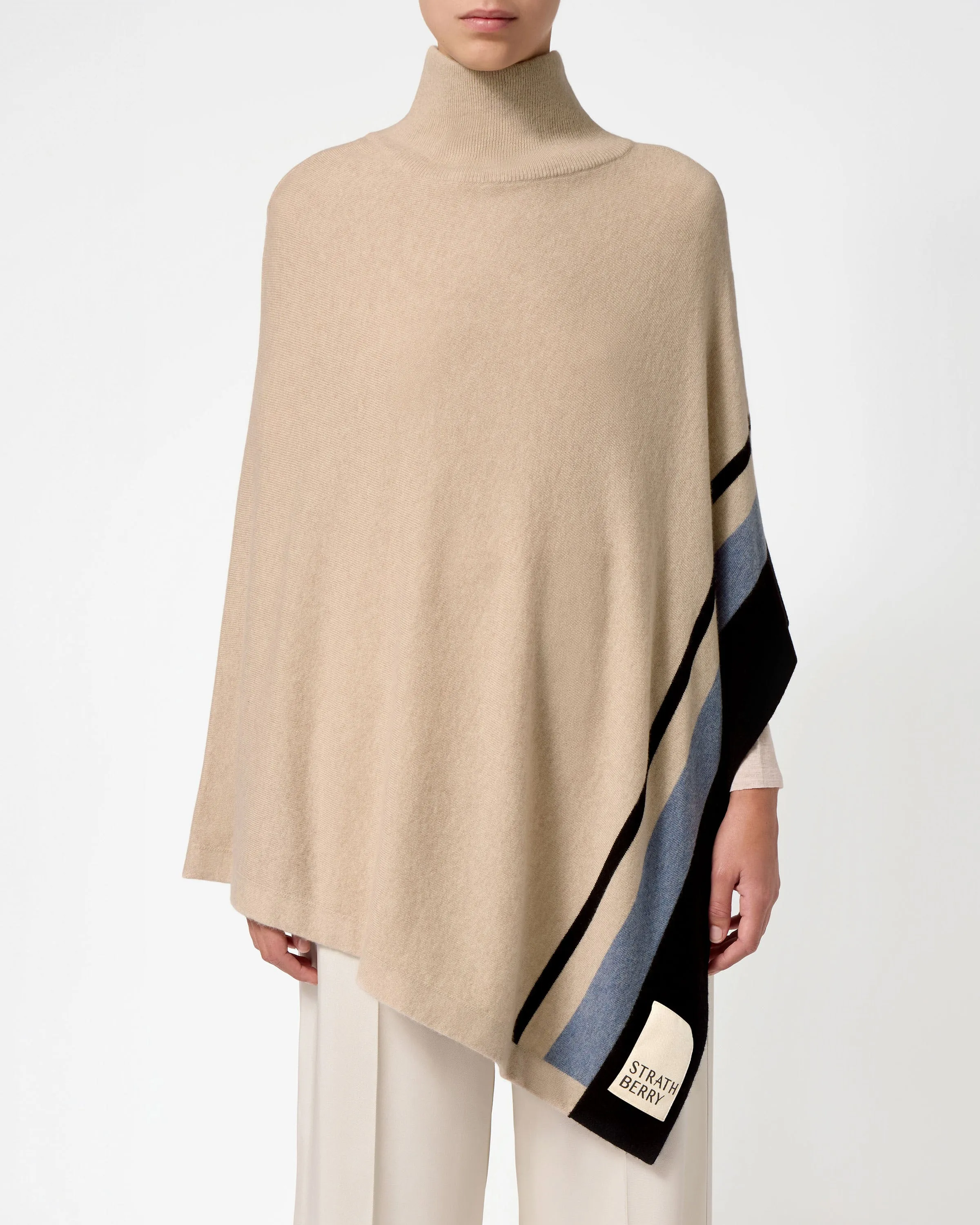 Islay Asymmetric Striped Pure Cashmere Poncho - Wheat/Black/Blue